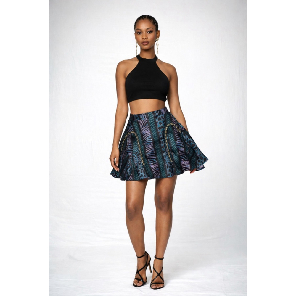 Endless Rose Mixed Animal Print Flared Mini Skirt Gold Rope Swag Size L Festival - Picture 1 of 9